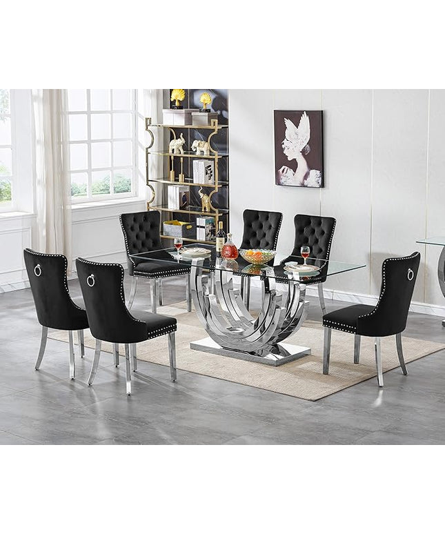Henf 7-Piece Glass Dining Table Set with 6 Upholstered Dining Chairs, Large Dining Table and Chair Set for 6, Modern Glass Kitchen Table Furniture for Dining Room, U Shape Stainless Steel Pesestal