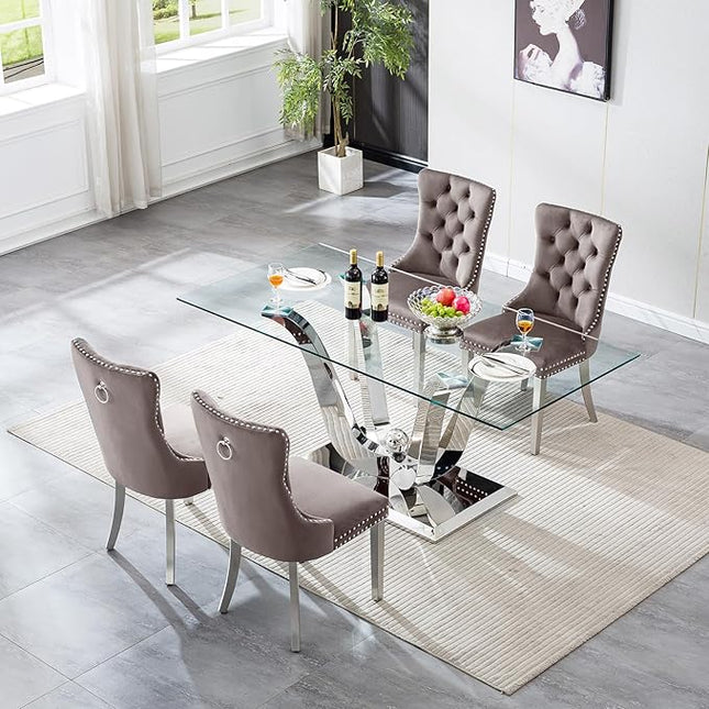 5-Piece Glass Dining Table Set w/4 Gray Upholstered Dining Chairs, 70in Rectangular Large Kitchen Table Set for 4, Glass and Silver Dining Table and Chair Set for 4