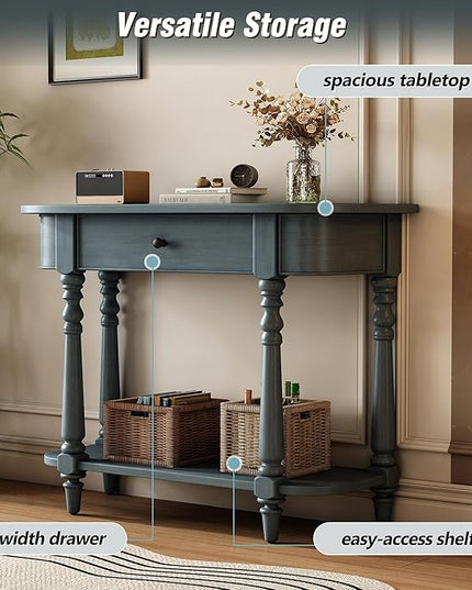 HMFULE Retro Curved Console Table, 36" Solid Wood Half Moon Console Table Sofa Table Entryway Table with 1 Drawer 1 Open Shelf Roman Legs Curved Corners for Living Room,Entryway,Hallway,Navy