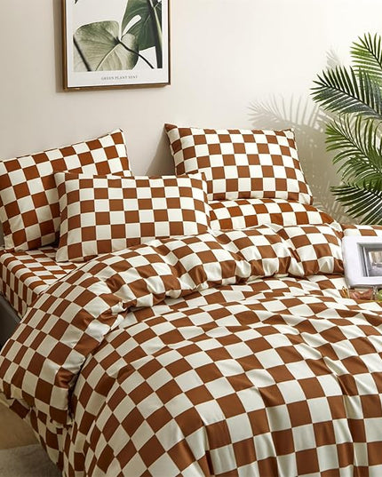 Houseri Brown Plaid Comforter Set Twin Size White and Camel Grid Bedding Comforters Twin Boys Girls Kids Modern Pumpkin Checkerboard Dorm Bed Comforter Preppy Buffalo Checkered Twin Comforter Sets