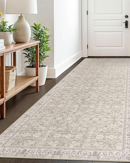 3x8 Washable Runner Rug for Kitchen, Cream Beige White Grey Soft Classic Runner with Non-Slip, Non-Shedding Distressed Floral Rug for Hallways Entryway Bedroom Laundry Indoor
