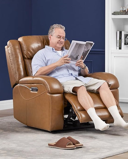 Watson & Whitely Genuine Leather Power Recliner Chairs for Adults, Wall Hugger RV Recliner with Power Headrest & Charging Ports, Electric Recliner Sofa Chair for Living Room, Saddle Brown