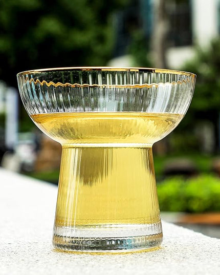 Lysenn Stemless Margarita Glasses Set of 4 - Elegant Vertical Stripes Cocktail Glasses – Premium Hand Blown Glassware for Martini and Mixed Drinks – 10 oz Gold Rim