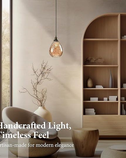 Modern Glass Pendant Light, 8"x9.6" Amber Ribbed Hanging Light Fixture with Gold Cap, 15"-72" Adjustable Cord, E26 Socket for Kitchen or Entryway – Sunrise Glow Teardrop