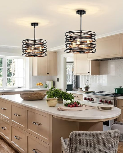 Farmhouse Chandelier,15" Drum Semi Flush Mount Chandelier Rustic Wood Grain Black Farmhouse Chandeliers for Dining Room Retro Metal Entryway Light Fixture Pendant Light for Foyer Kitchen Bedroom