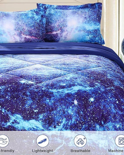 Wowelife Galaxy Bedding Twin Outer Space Comforter Set 5 Pieces Blue Cosmic Galaxy Bed Set Kids Bed in A Bag Twin for Teen Boys and Girls with Comforter, Flat Sheet, Fitted Sheet and 2 Pillowcases