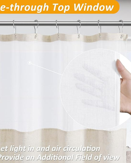 Naturoom Beige Linen Shower Curtain with Snap in Liner Set Rustic Farmhouse Shower Curtains for Bathroom 200GSM Textured Cream Burlap Cloth Double Bath Curtains with See Through Top Window 72x72