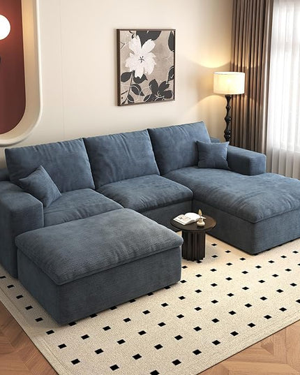 107'' U-Shaped Modern Modular Sectional Cloud Couch Whit Ottoman, 4-Seat Chenille Deep-Seat Sofa with Pillow for Living Room, Bedroom, Apartment, Ocean Blue