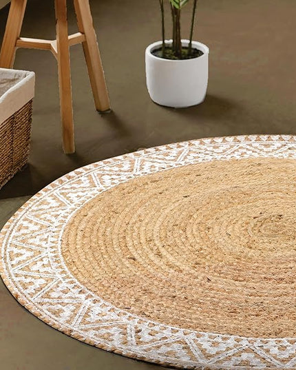 voyzz home Premium Natural Jute Braided Area Rug, 6-feet Round, White Printed Border, Stain Resistance, Natural Handmade Rug for Entryways, Living Room, Dining Room, Bedroom, Farmhouse, Kitchen