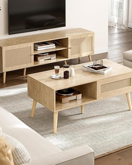 Wood Coffee Table with Storage, Boho Dining Table with Sliding Rattan Door Panel and Solid Wood Legs, Small Coffee Tables for Living Room, Oak (Oak_LSJ008)