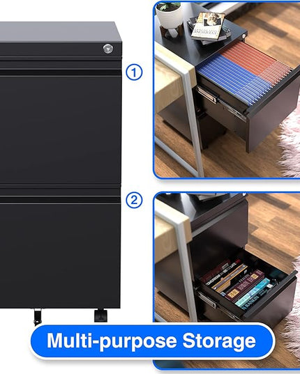 METAN 2 Drawer File Cabinet with Lock, Mobile Under Desk Filing Cabinet for Office Legal/Letter Size, Fully Assembled Except Wheels,Black