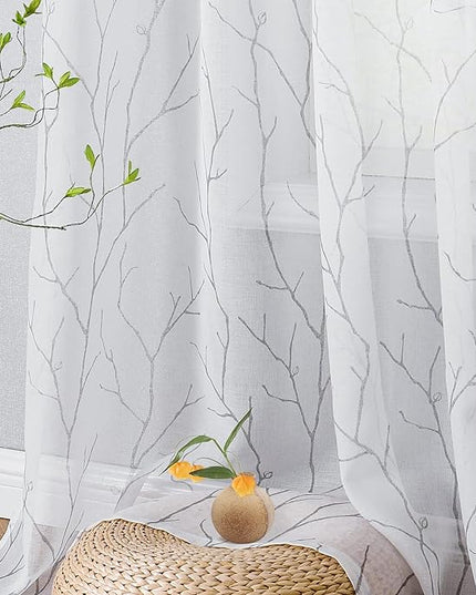 BUHUA White Sheer Curtains 84 Inches Long - Silver Foil Tree Branch Curtain 2 Panels, Semi-Sheer Window Curtains for Living Room, 52 x 84 Inch, 1 Pair, White