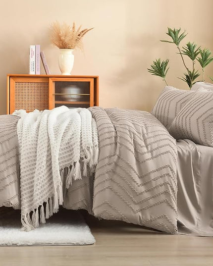 Litanika Light Coffee Queen Size Comforter Set with Sheets - 7 Pieces Bed in a Bag Queen Boho Tufted Complete Bedding Sets with Comforter, Sheets, Pillowcases & Shams
