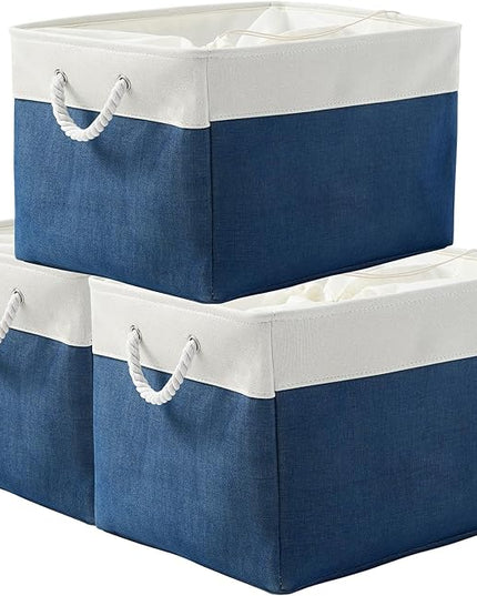 TheWarmHome Organization and Storage Basket for Shelves - Jumbo 3 Pack 20x16x14 inch Collapsible Storage Bins for Organizing, Canves Storage Cubes for Gift Organizer Toys Closet (White & Jean Blue)