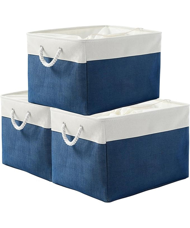 TheWarmHome Organization and Storage Basket for Shelves - Jumbo 3 Pack 20x16x14 inch Collapsible Storage Bins for Organizing, Canves Storage Cubes for Gift Organizer Toys Closet (White & Jean Blue)