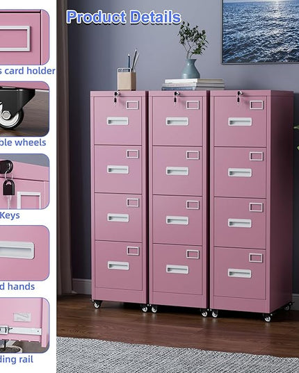 METAN 4 Drawer File Cabinet on Wheels, Lockable Metal Filing Cabinet with Handle and Name Card for Office Home,Assembly Required,Pink