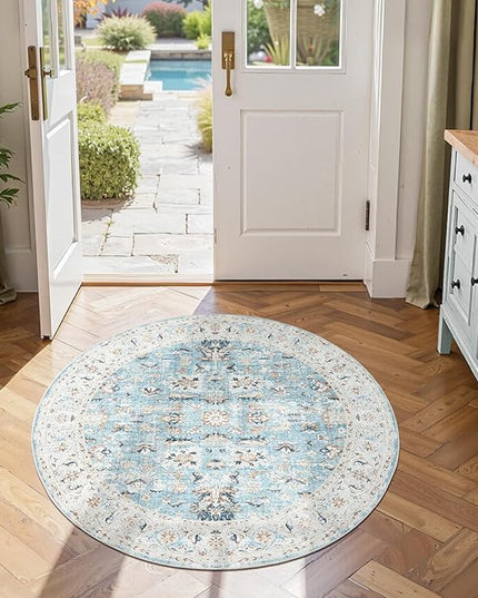 jinchan Round Rug 4ft Area Rug - Washable Boho Vintage Floral Circle 4' Round Floor Cover Lightweight Low Pile Thin Throw Non-Slip Carpet for Kitchen Living Room Bedroom Dining Room Office Light Blue