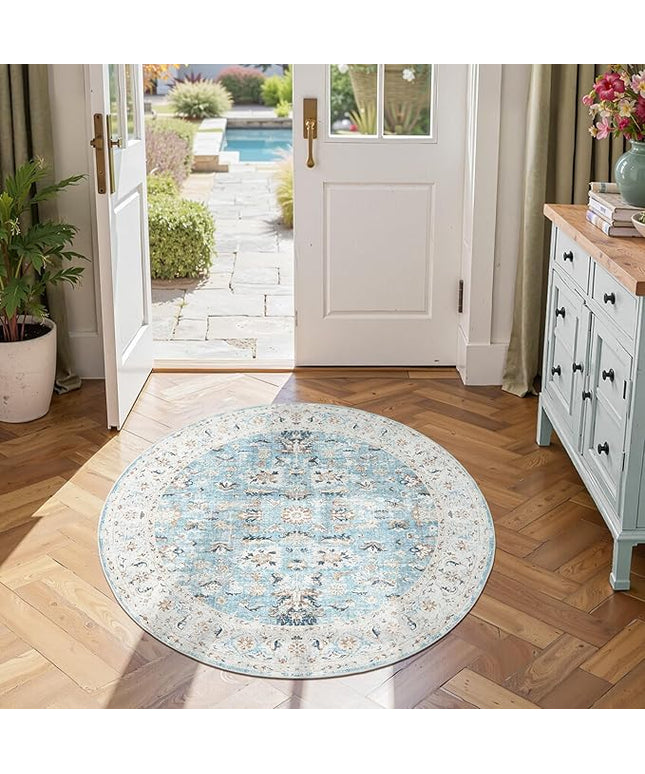 jinchan Round Rug 4ft Area Rug - Washable Boho Vintage Floral Circle 4' Round Floor Cover Lightweight Low Pile Thin Throw Non-Slip Carpet for Kitchen Living Room Bedroom Dining Room Office Light Blue
