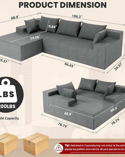LEVELEVE 107" Cloud Sectional Couch with Deep Seat，Modern Modular Sofa with L-Shape Chaise，No Assembly Required, Upholstered Couches for Living Room Bedroom(Light Gery,Left Facing Chaise)