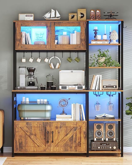 Itaar Bakers Rack with Power Outlet and LED Light, 45.3 Inch Farmhouse Coffee Bar Cabinet, Kitchen Microwave Stand with Storage, Glass Cabinet, Goblet Holder and 8 Hooks (Rustic Brown)