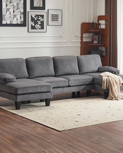 VINGLI 110" Sectional Couches for Living Room,U Shaped Couch with Double Chaise, 4-Seat Sofa Set with Corduroy Fabric for Home Furniture,Grey