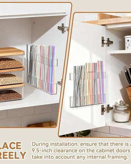 9.5 Inch Cabinet Door Acrylic Straw Holder with Double-Sided Tape, Kitchen Countertop Cabinet Storage Box for Organizing Straws (Transparent)