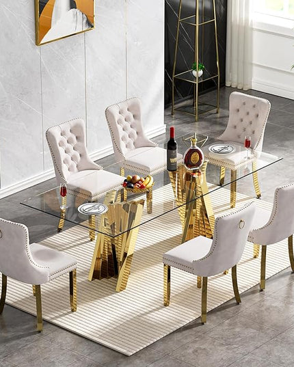 7 Piece Dining Table Set with 6 Beige Dining Chairs, Modern Glass Kitchen Table and Chairs Set for 6, 70" Rectangle Gold Glass Pedestal Dining Room Tables with Flash-Shape Stainless Steel Base