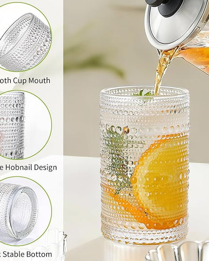 Hobnail Drinking Glasses Set of 8, 10 Oz Kitchen Water Glasses Cup & 12 Oz Vintage Cocktail Glasses Drinkware Set for Whisky, Juice, Wine, Milk