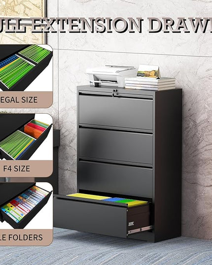 4 Drawer Lateral File Cabinet with Lock, Metal File Cabinet, Lateral File Cabinets for Home Office, Heavy Duty File Storage Cabinet for Legal/Letter/A4 Document, Assembly Required, Black