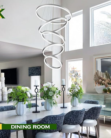 5-Rings Modern LED Chandelier Silver High Ceiling Chandelier with Remote Control Dimmable Pendant Lighting for Dining Room Foyer Living Room Entryway Staircase(3000K-6500K, D23.6’’)