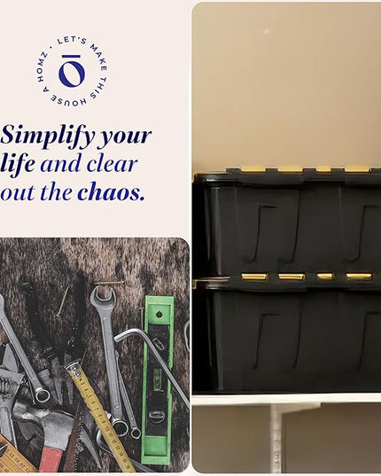 HOMZ 2-Pack Durabilt, Heavy Duty Plastic Storage Bins with Lids, 15 Gallon, Black/Yellow - Stackable Container Boxes for Home, Attic, and Garage Organization