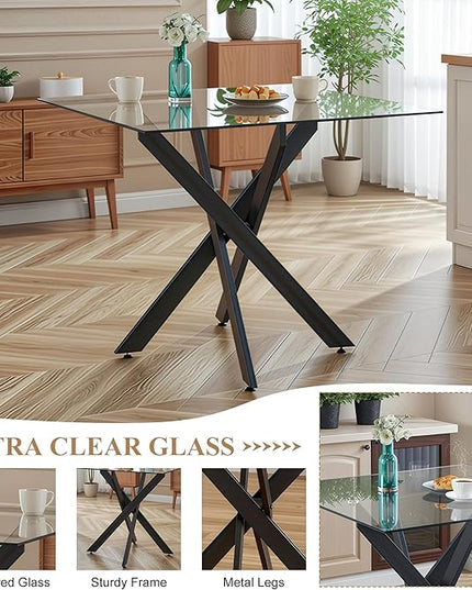 5 Piece Square Glass Dining Table Set for 4, Modern Dining Room Table and Chairs Set, Tempered Glass Top Kitchen Table with 4 Velvet Chairs, Space Saving Dining Set for Small Apartment or Home