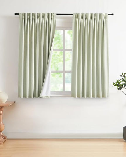 Vision Home Soft Green Pinch Pleated Full Blackout Curtains Linen Blended Room Darkening Curtain Panels 63 inch for Living Room Bedroom Thermal Insulated Pinch Pleat Drapes with Hooks 40" Wx63 Lx2