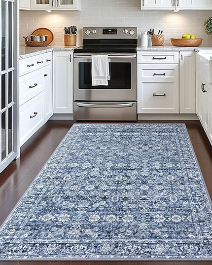 4x6 Washable Rug Blue Small Area Rug for Entryway Soft Non-Slip Indoor Door Rugs Distressed Floral Low-Pile Doormat, Neutral Vintage Carpet for Entrance Kitchen Bedside Farmhouse