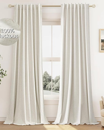 Guken Cream Linen Blackout Curtains 84 Inch Length 2 Panels Set for Living Room Bedroom Back Tab Thermal Insulated 100% Black Out Linen Drapes Room Darkening Window Curtains Ivory Natural