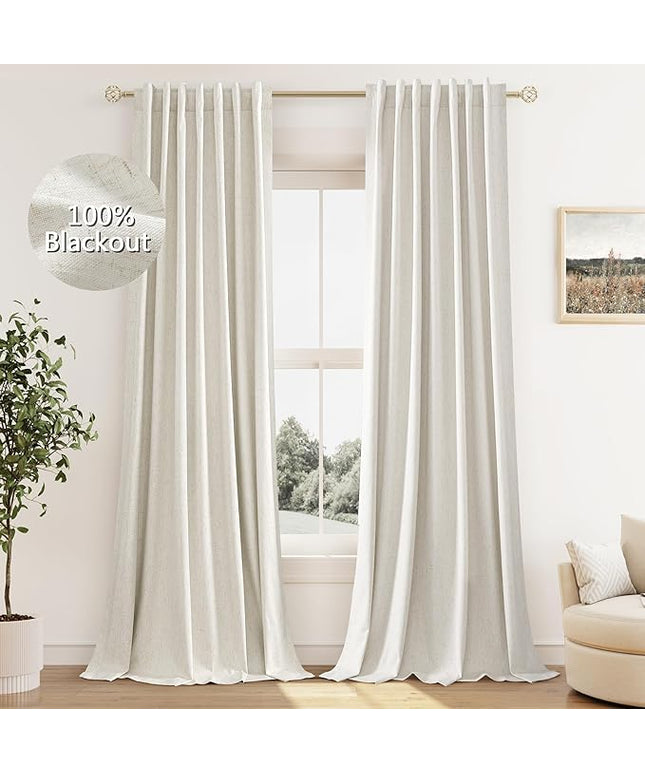 Guken Cream Linen Blackout Curtains 84 Inch Length 2 Panels Set for Living Room Bedroom Back Tab Thermal Insulated 100% Black Out Linen Drapes Room Darkening Window Curtains Ivory Natural