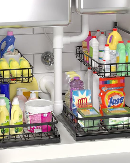 Under Sink Organizer, Adjustable Height Pull-Out Kitchen Storage Organization,15.8" x 11.8" x 16.5", 2-Tier Kitchen Shelf, Bathroom Drawer Organizer, 2 Pack|Black