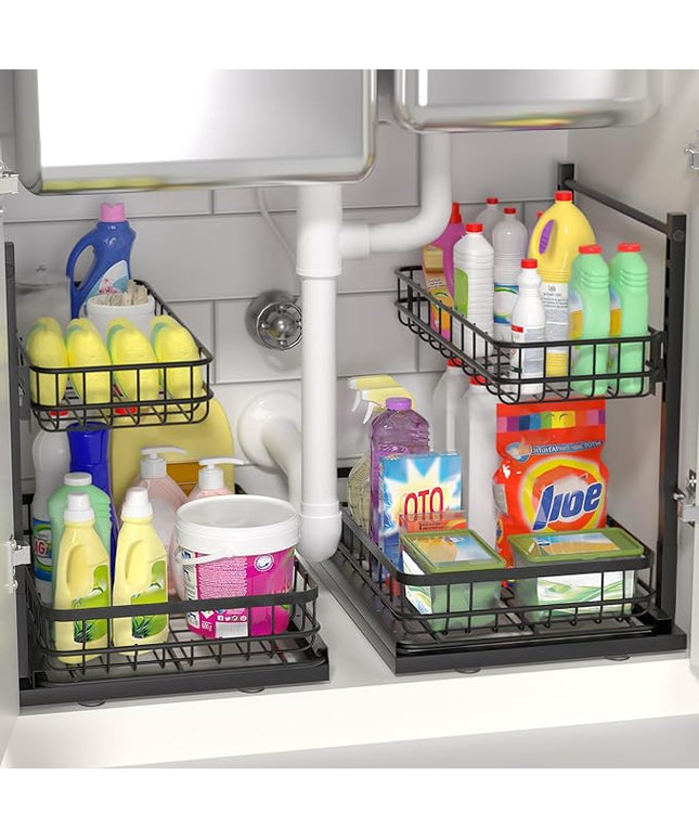 Under Sink Organizer, Adjustable Height Pull-Out Kitchen Storage Organization,15.8" x 11.8" x 16.5", 2-Tier Kitchen Shelf, Bathroom Drawer Organizer, 2 Pack|Black