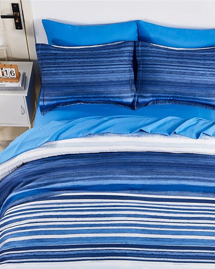 KAKIJUMN 7 Piece Bed in a Bag Stripe Comforter Set King Size, White and Blue Patchwork Striped Comforter and Sheet Set, All Season Soft Microfiber Complete Bedding Sets(Blue,King)
