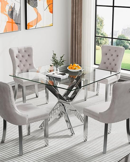 Glass Dining Table Set for 4, Square 36" Dining Table with Silver Cross Metal Leg, 4 Beige Velvet Dining Chairs with Stainless Steel Legs, Modern Glass Kitchen Table and Chairs Set for Small Space