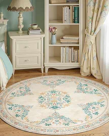 jinchan Round Rug 5ft Area Rugs Vintage Floral Distressed Design, Machine Washable Soft Non-Slip Low-Pile Ultra-Thin Circle Rug for Entryway Living Room Dining Room Bedroom (5' Round, Apricot Multi)