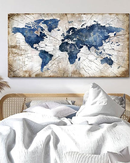 World Map Canvas Wall Art Abstract Navy World Maps for Wall Vintage Modern Wall Art for Office Framed Pictures for Living Room Bedroom Wall Decoration for Home Office Decor Artwork for Walls 24x48IN