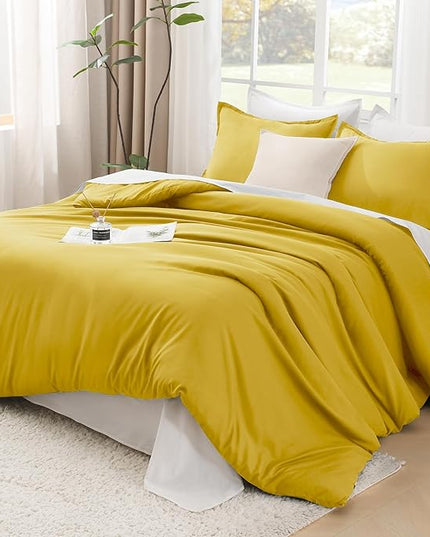 Litanika Mustard Yellow Comforter Set King Size, 3 Pieces Lightweight Solid Bedding Comforter Set, All Season Fluffy Bed Set (104x90In Comforter & 2 Pillowcases)