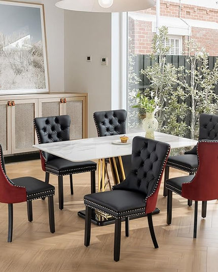 SoarFlash Leather Dining Chairs Set of 6, Tall Back Side Chair, Modern Upholstered Side Chair with Button Back Ring, Solid Wood Legs (Black&Red)