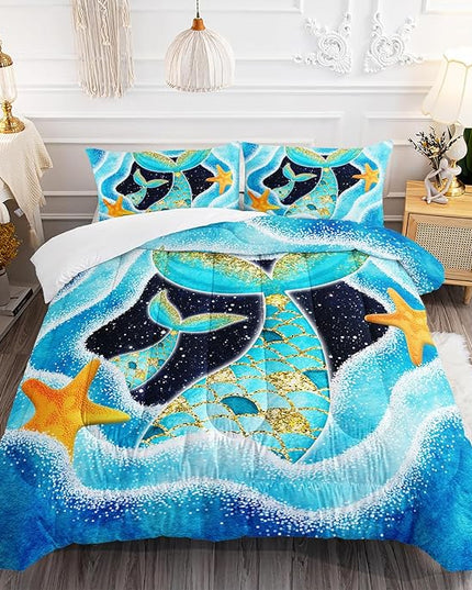 Mermaid Comforter Set Twin Size,3 Piece Mermaid Tail Bedding Set for Girls Kids Blue and Gold Teal Ocean Mermaid Fish Scales Starfish Bedding Quilt Set for Girls Kids Bedroom
