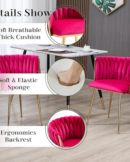 Gold Round Glass Dining Table Set for 4, 39'' Clear Dinner Table Set, 5 PCS Modern Circle Kitchen Table and Rose Red Woven Chairs Set, Luxury Circular Dinette Set, for Small Apartment