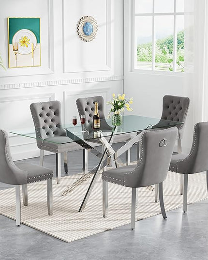 Rectangle Glass Dining Table Set for 6, 60'' Kitchen Table and Chairs Set, 7PCS Modern Dining Room Table Set with 6 Velvet Dining Chair for Home