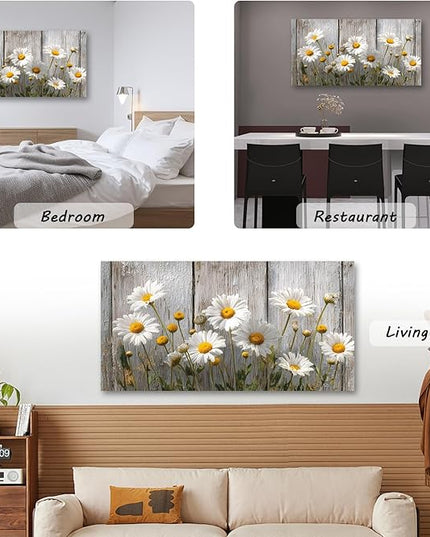 KZKU Rustic Daisy Canvas Wall Art-White Flowers on Weathered Wood Background- Large Modern Farmhouse Decor for Living Room Bedroom 20X40in