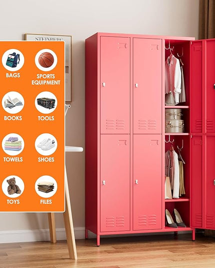 Aobabo Metal Locker for Employees, 6 Doors Metal Locker Cabinet with Lock, Industrial Storage with 18 Hooks, Storage for Home, Office, Gym, Assembly Required, Red