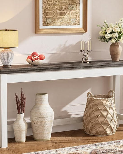 Cyclysio 63" Console Tables for Entryway, Long Console Tables for Living Room, Behind Couch Table, Sturdy Wood Support Farmhouse Entryway Table with 3AC+2USB Charging‌ Station, Oak Grey
